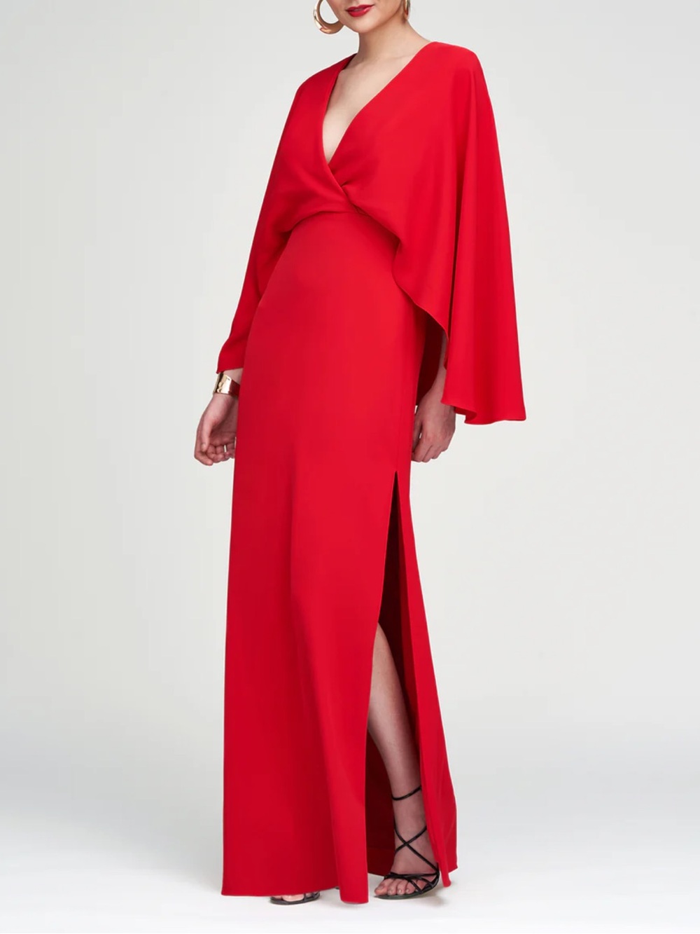 Halston Heritage Olaya Red Cape Sleeve Evening Gown Maxi Dress NWT